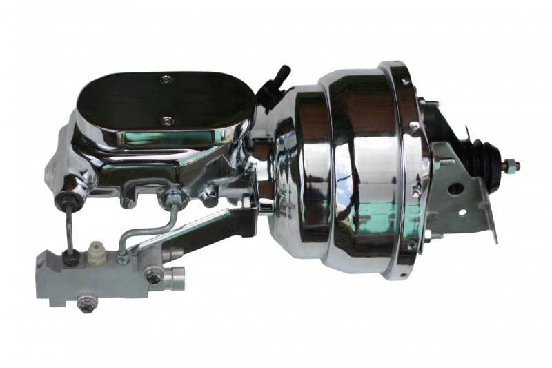 8-Inch Chrome Dual Power Brake Booster with 1-1/8 Inch Bore Flat Top Master Cylinder and Side Mount Valve for Disc/Drum GM AFX Bodies