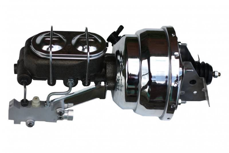8-Inch Chrome Dual Power Brake Booster with 1-1/8 Inch Bore Master Cylinder, Chrome Lid, and Side-Mount Valve for Disc/Disc Applications for GM AFX Bodies