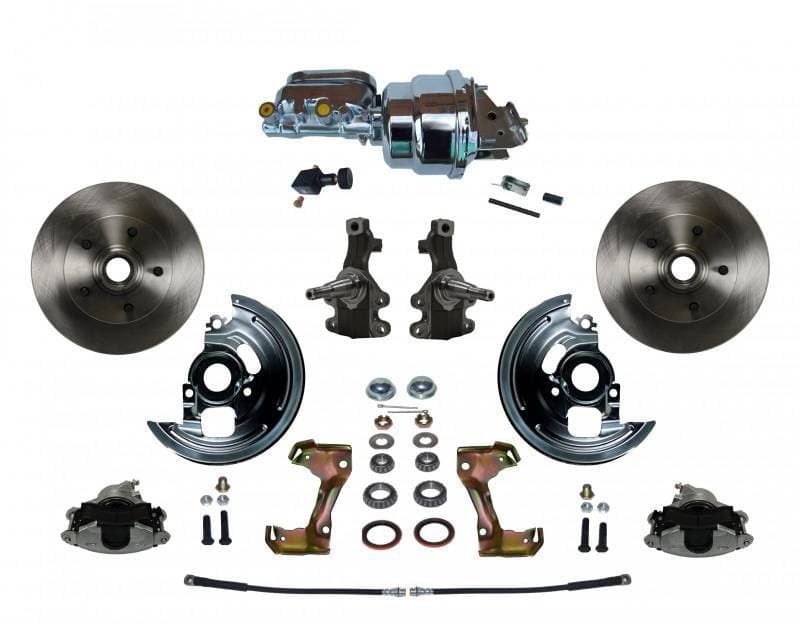 Power Front Disc Brake Conversion Kit 2" Drop Spindle with 7" Dual Chrome Booster Flat Top Chrome M/C Adjustable Proportioning Valve