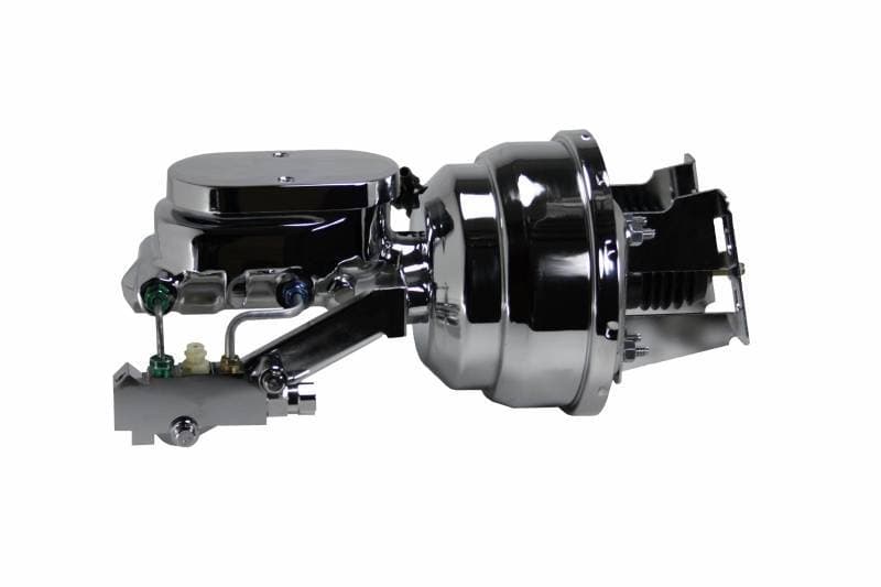 8-Inch Chrome Dual Power Brake Booster, 1-1/8 Inch Bore Flat Top Master Cylinder with Side Mount Valve for Disc/Disc Brakes, 1955-1968 Chevrolet