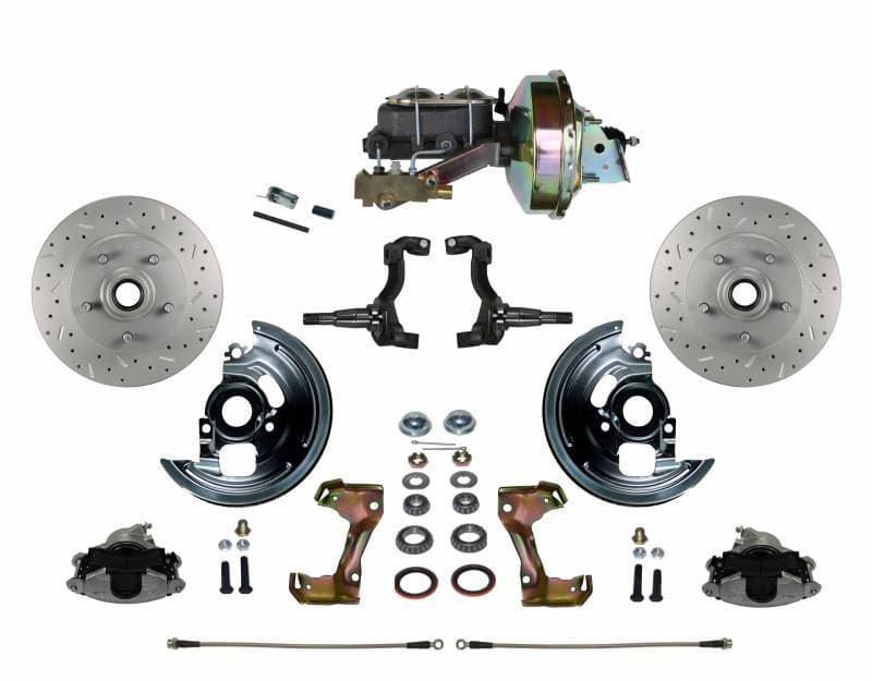 GM AFX Power Front Disc Brake Conversion Kit Cross Drilled and Slotted Rotors with 9" Zinc Booster Cast Iron M/C Disc/Drum Side Mount