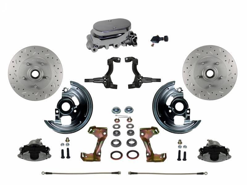 Manual Front Disc Brake Conversion Kit with Cross Drilled And Slotted Rotors, Chrome Aluminum Flat Top Master Cylinder, and Adjustable Proportioning Valve for GM AFX