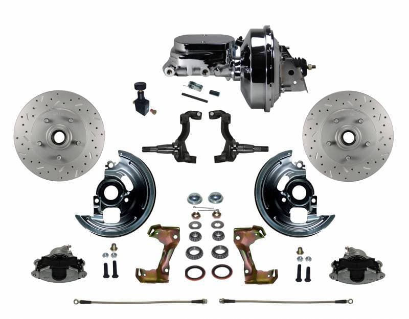 Power Front Disc Brake Conversion Kit Cross Drilled and Slotted Rotors with 9" Chrome Booster Flat Top Chrome M/C Adjustable Proportioning Valve for GM AFX