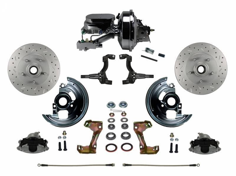 GM AFX Power Front Disc Brake Conversion Kit Cross Drilled and Slotted Rotors with 9" Chrome Booster Flat Top Chrome M/C Disc/Disc Side Mount