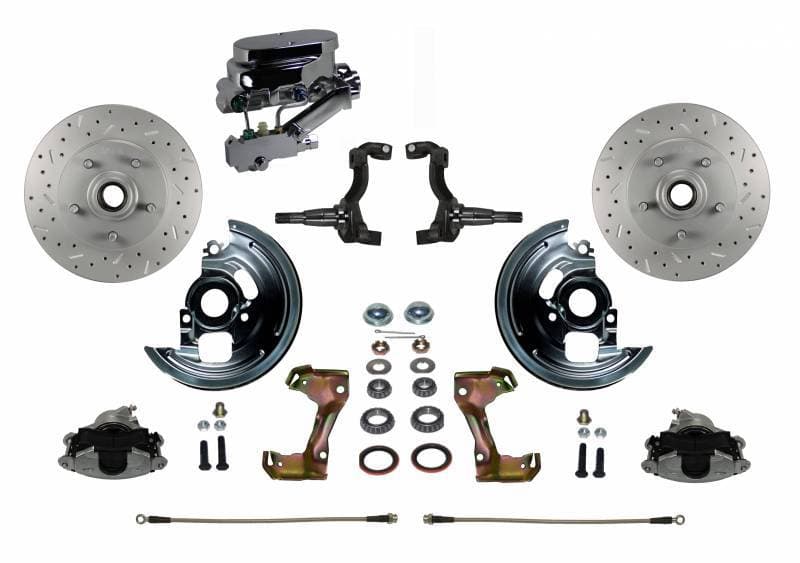 Manual Front Disc Brake Conversion Kit Cross Drilled And Slotted with Chrome Aluminum Flat Top Master Cylinder Disc/Drum Side Mount for GM AFX Body