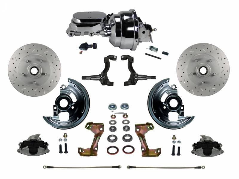 GM AFX Power Front Disc Brake Conversion Kit Cross Drilled and Slotted Rotors with 8" Dual Chrome Booster Flat Top Chrome M/C Adjustable Proportioning Valve