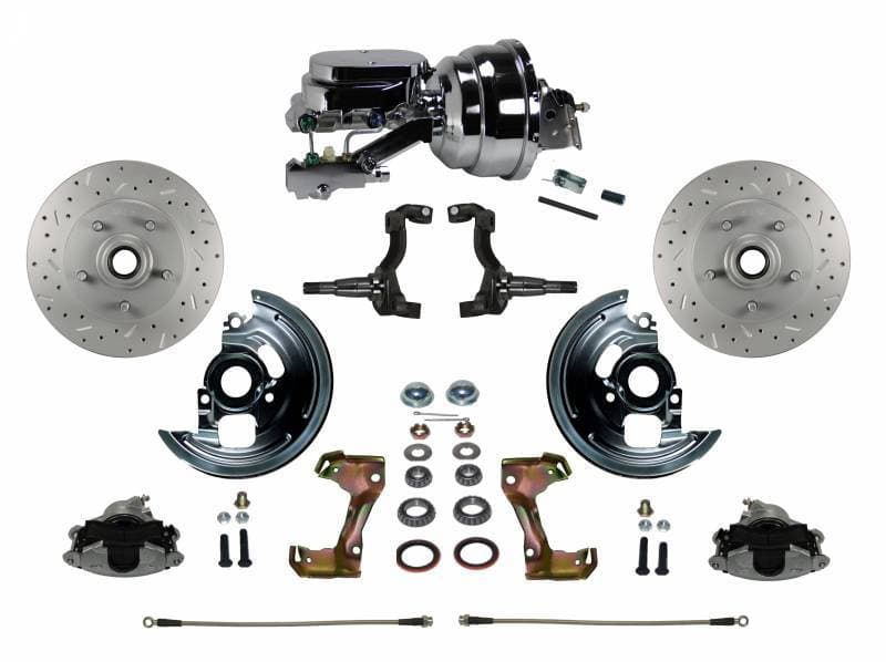 GM AFX Power Front Disc Brake Conversion Kit Cross Drilled and Slotted Rotors with 8" Dual Chrome Booster Flat Top Chrome M/C Disc/Drum Side Mount