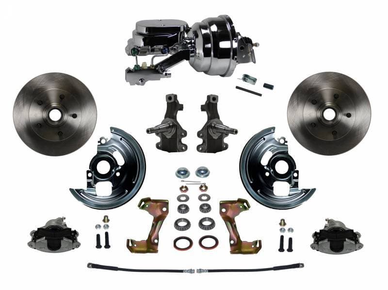 GM AFX Power Front Disc Brake Conversion Kit 2" Drop Spindle with 8" Dual Chrome Booster Flat Top Chrome M/C Disc/Drum Side Mount