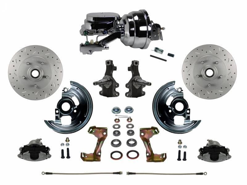 Power Front Disc Brake Conversion Kit 2" Drop Spindle Cross Drilled and Slotted Rotors with 8" Dual Chrome Booster Flat Top Chrome M/C Disc/Disc Side Mount for GM AFX