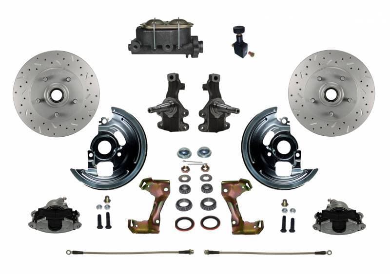 Manual Front Disc Brake Conversion 2" Drop Spindle Cross Drilled and Slotted with Cast Iron Master Cylinder and Adjustable Proportioning Valve for 1964 to 1974 Chevy