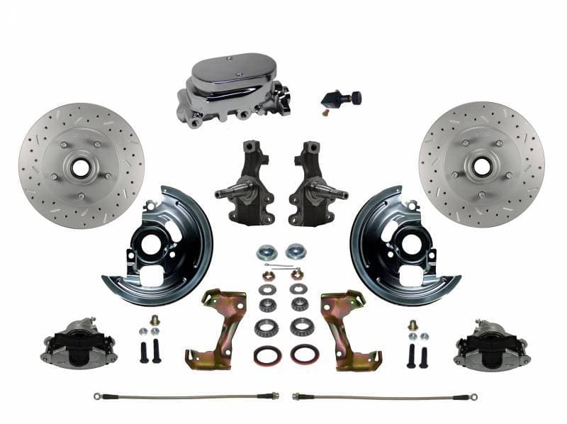 Manual Front Disc Brake Conversion 2" Drop Spindle Cross Drilled and Slotted with Chrome Aluminum Flat Top Master Cylinder and Adjustable Proportioning Valve for GM AFX Body