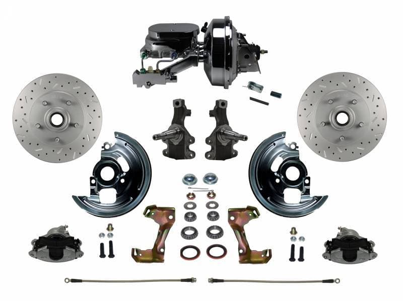 GM AFX Power Front Disc Brake Conversion Kit 2" Drop Spindle Cross Drilled and Slotted Rotors with 9" Chrome Booster Flat Top Chrome M/C Disc/Disc Side Mount