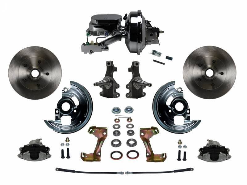 GM AFX Power Front Disc Brake Conversion Kit 2" Drop Spindle with 9" Chrome Booster Flat Top Chrome M/C Disc/Disc Side Mount