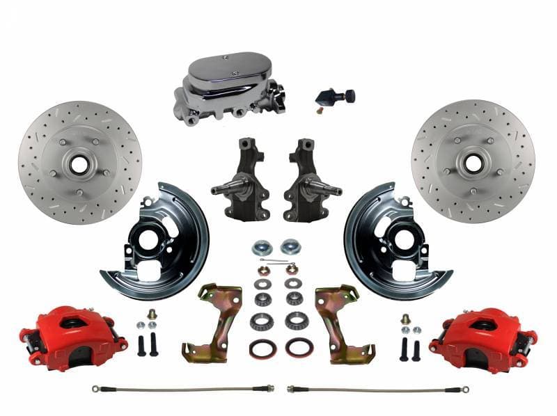 GM AFX Manual Front Disc Brake Conversion Kit – 2" Drop Spindles, Red Calipers, Chrome Master Cylinder