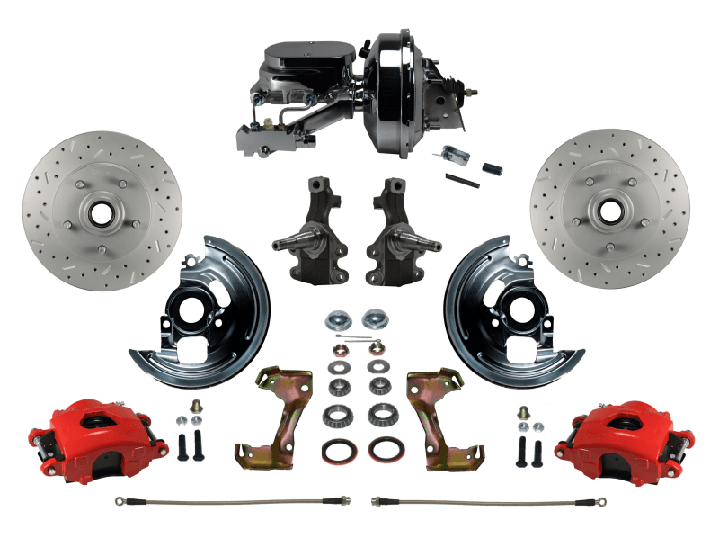 GM AFX Power Front Disc Brake Conversion Kit – 2" Drop Spindles, Red Calipers, 9" Chrome Booster, Chrome Master Cylinder, Disc/Drum