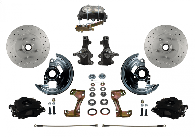 Manual Front Disc Brake Kit with 2" Drop Spindles, Drilled and Slotted Rotors, Black Powder-Coated Calipers, Cast Iron Master Cylinder, Disc/Disc for GM AFX