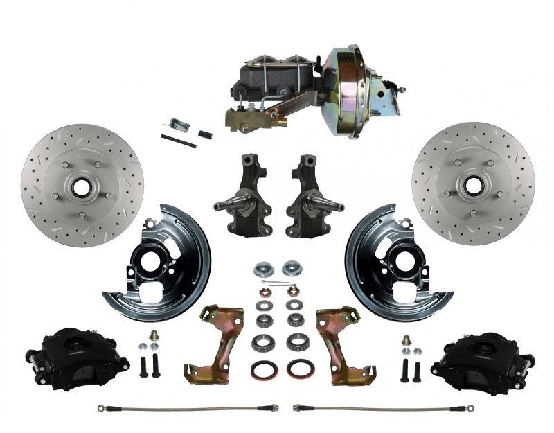 GM AFX-Body Power Front Disc Brake Conversion Kit – 2" Drop Spindles, 9" Booster, Black Calipers, Disc/Disc
