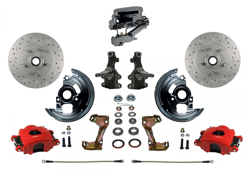 GM AFX Manual Front Disc Brake Kit – 2" Drop Spindles, Drilled & Slotted Rotors, Red Calipers, Chrome Master Cylinder, Disc/Disc