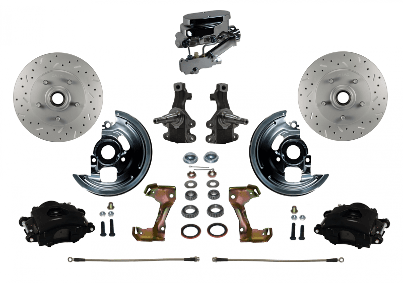 Manual Front Disc Brake Kit with 2" Drop Spindles, Drilled and Slotted Rotors, Black Powder-Coated Calipers, Chrome Master Cylinder, Disc/Disc for GM AFX Bodies