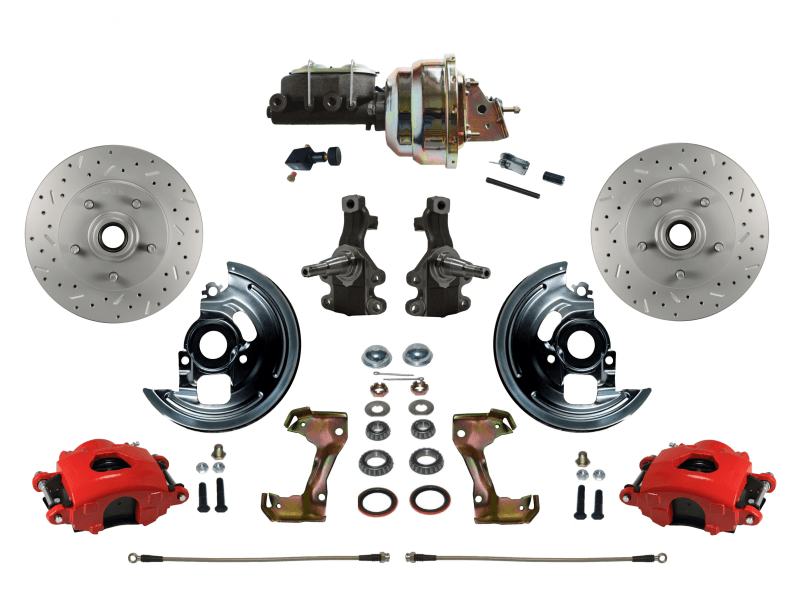 GM AFX Power Front Disc Brake Kit 2" Drop Spindle Drilled and Slotted Rotors Red Powder Coated Calipers 8" Dual Booster Adjustable Proportioning Valve