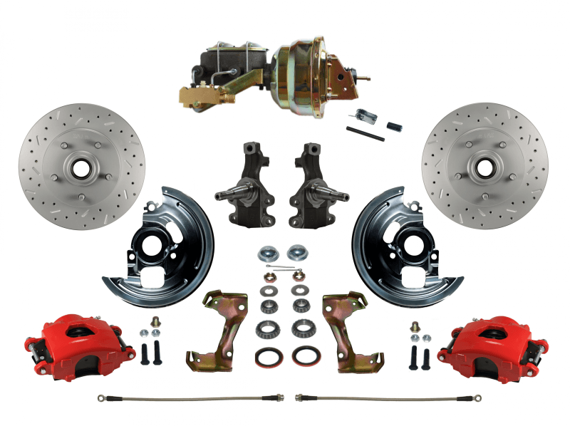 GM AFX Power Front Disc Brake Kit – 2" Drop Spindles, Drilled & Slotted Rotors, Red Calipers, 8" Dual Booster, Disc/Disc