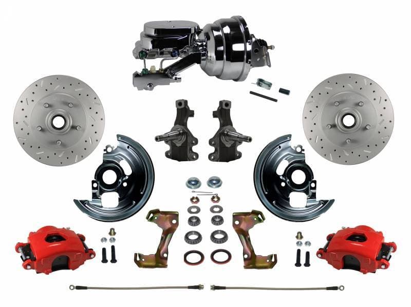 GM AFX Power Front Disc Brake Kit 2" Drop Spindle Drilled and Slotted Rotors Red Powder Coated Calipers 8" Dual Chrome Booster Disc/Drum