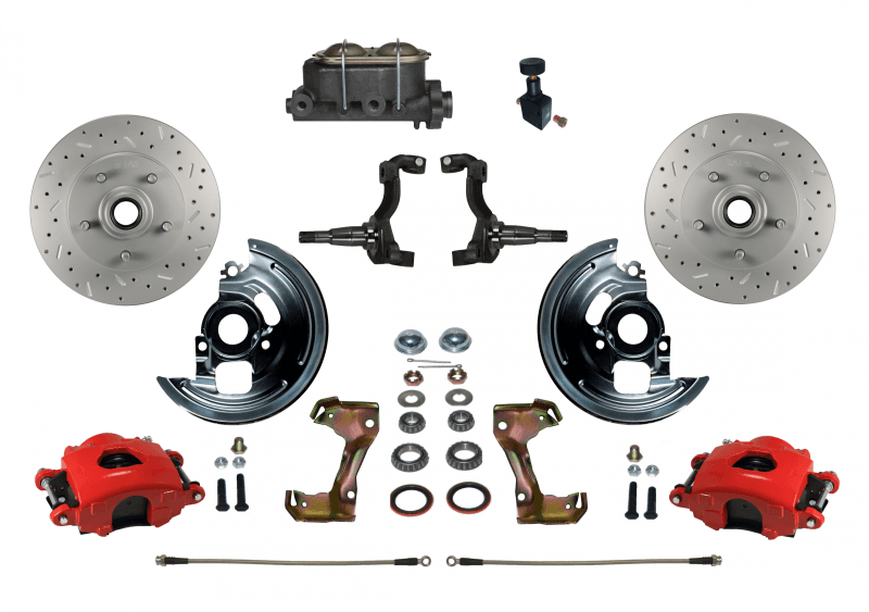 Manual Front Disc Brake Kit with Drilled and Slotted Rotors, Red Powder-Coated Calipers, and Adjustable Proportioning Valve for GM AFX Bodies