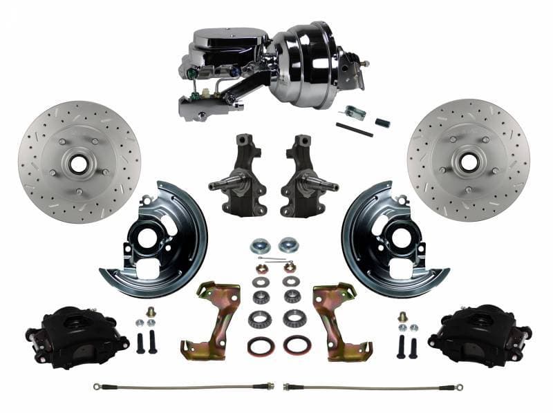GM AFX Power Front Disc Brake Kit 2" Drop Spindle Drilled and Slotted Rotors Black Powder Coated Calipers 8" Dual Chrome Booster Disc/Disc