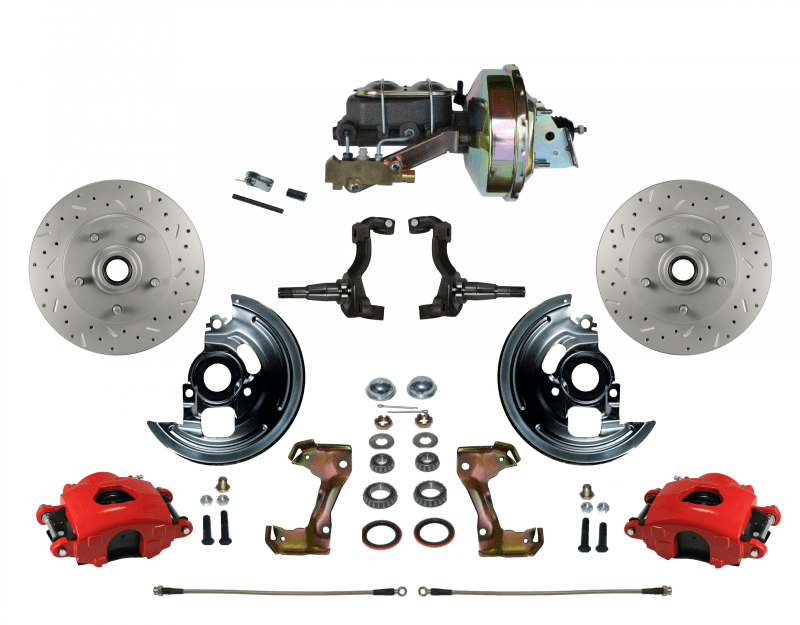 GM AFX Power Front Disc Brake Kit Drilled and Slotted Rotors, Red Powder Coated Calipers with 9" Booster Disc/Disc