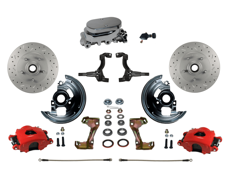 Manual Front Disc Brake Kit with Drilled and Slotted Rotors, Red Powder-Coated Calipers, Chrome Master Cylinder, and Adjustable Proportioning Valve for GM AFX