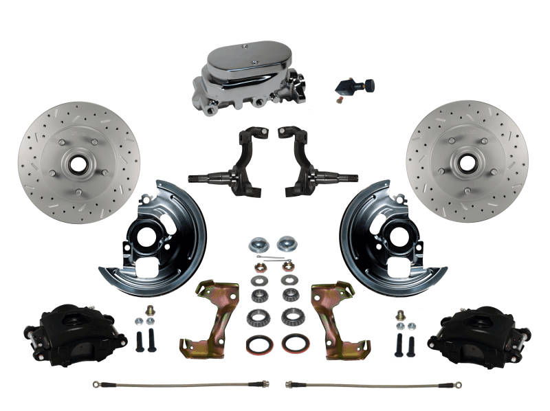 Manual Front Disc Brake Kit with Drilled and Slotted Rotors, Black Powder-Coated Calipers, Chrome Master Cylinder, and Adjustable Proportioning Valve for GM AFX