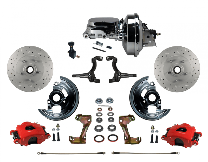 Power Front Disc Brake Kit Drilled and Slotted Rotors, Red Powder Coated Calipers with 9" Chrome Booster, Chrome M/C Adjustable Proportioning Valve for GM AFX