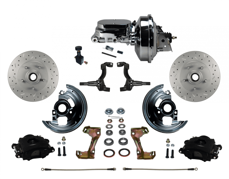 Power Front Disc Brake Kit Drilled and Slotted Rotors, Black Powder Coated Calipers with 9" Chrome Booster, Chrome M/C Adjustable Proportioning Valve for GM AFX