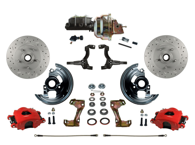 GM AFX Power Front Disc Brake Kit, Drilled and Slotted Rotors, Red Calipers with 8" Dual Booster Adjustable Proportioning Valve