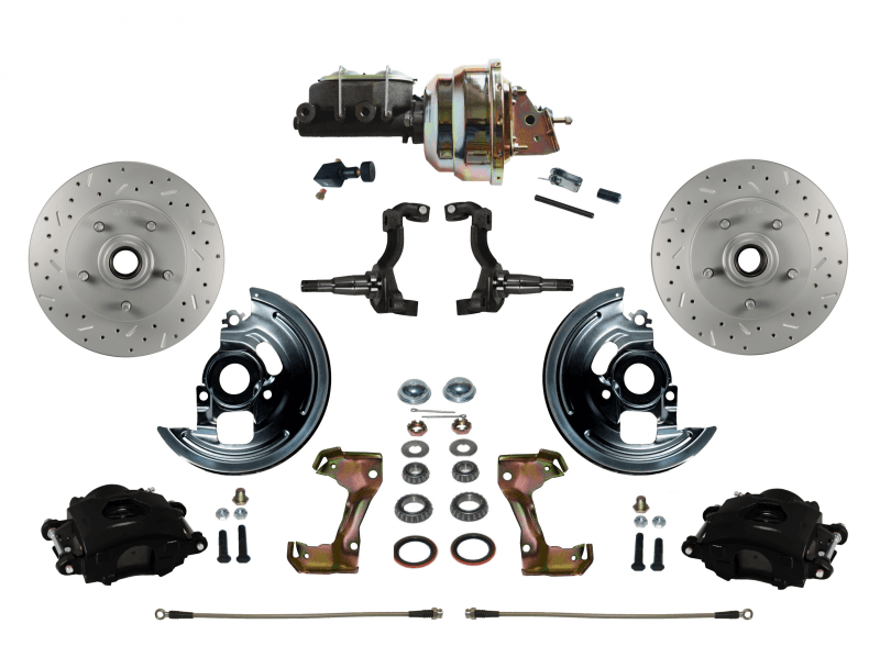 GM AFX Power Front Disc Brake Kit, Drilled and Slotted Rotors, Black Calipers with 8" Dual Booster Adjustable Proportioning Valve