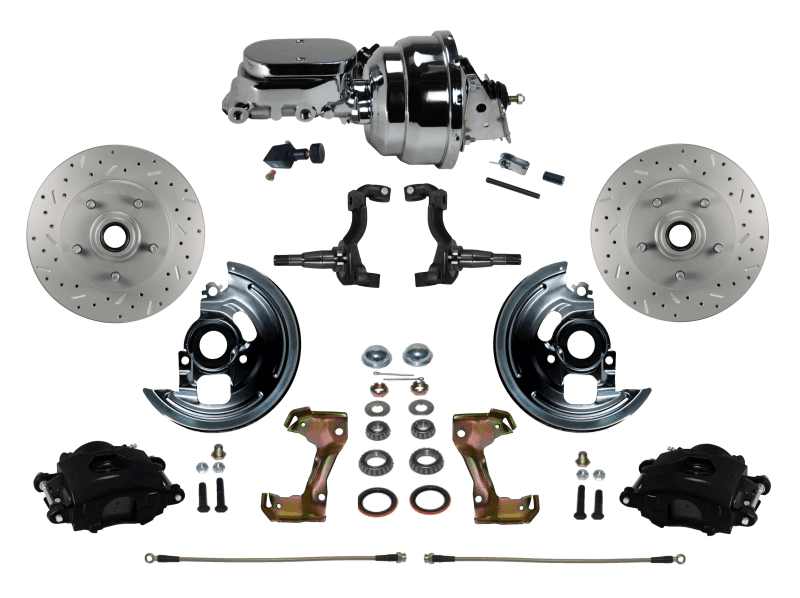 GM AFX Power Front Disc Brake Kit Drilled and Slotted Rotors Black Powder Coated Calipers with 8" Dual Booster & Adjustable Proportioning Valve