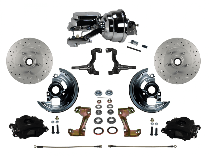 GM AFX Power Front Disc Brake Kit Drilled and Slotted Rotors Black Powder Coated Calipers with 8" Dual Chrome Booster Disc/Drum