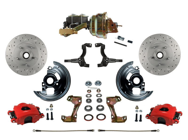 GM AFX Power Front Disc Brake Kit – Drilled & Slotted Rotors, Red Powder-Coated Calipers, 8" Dual Booster, Disc/Disc