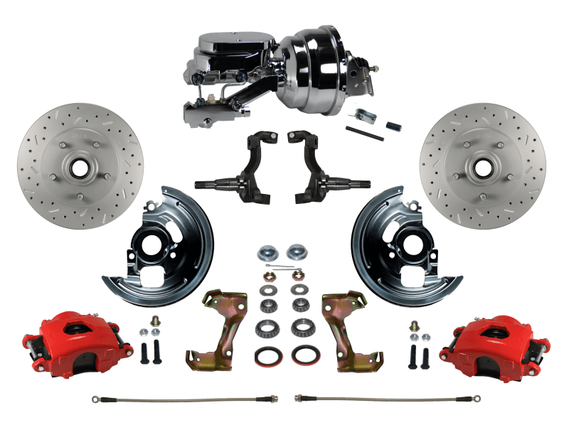 GM AFX Power Front Disc Brake Kit Drilled and Slotted Rotors Red Powder Coated Calipers with 8" Dual Chrome Booster Disc/Disc