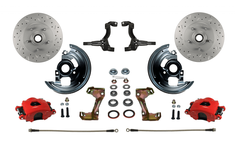 GM AFX Front Disc Brake Conversion Kit – Red Powder Coated Calipers, Drilled & Slotted Rotors, Spindle Mount, Disc/Drum