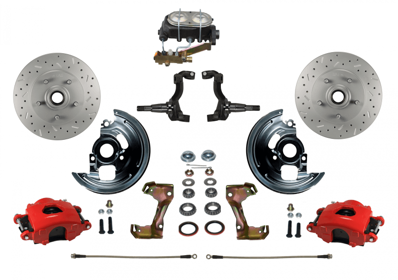 Manual Front Disc Brake Kit with MaxGrip XDS Drilled & Slotted Rotors, Red Powder-Coated Calipers, Disc/Drum for 1962-1967 Chevy Nova or Chevy II