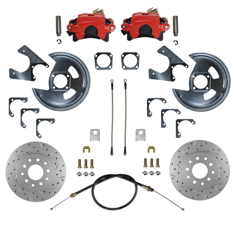 Rear Disc Brake Conversion Kit - MaxGrip XDS - Red Powder Coated Calipers - GM 10 & 12 Bolt Axles 5 x4.75 with Staggered Shocks
