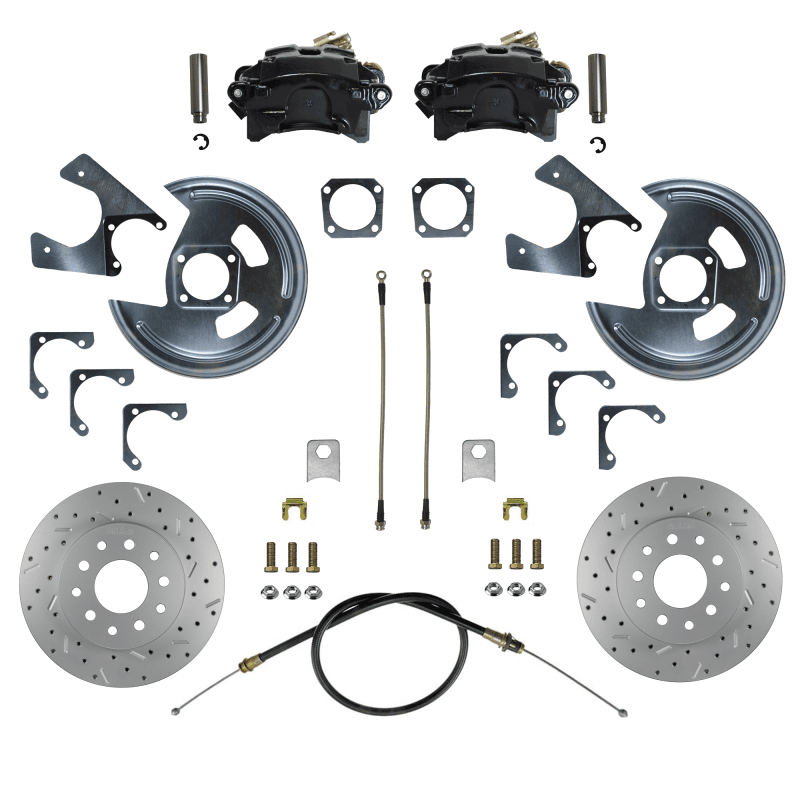Rear Disc Brake Conversion Kit for GM 10 & 12-Bolt Axles with MaxGrip XDS Rotors, Black Calipers, 5 x 4.75 Bolt Pattern, and Staggered Shocks