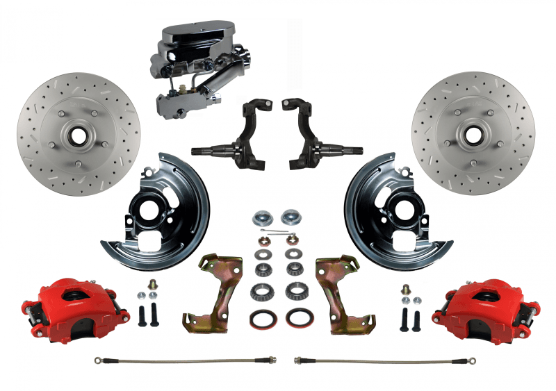 1962-67 Chevy Nova or Chevy II Manual Front Disc Brake Kit with MaxGrip XDS Rotors, Red Calipers, Chrome Aluminum Master Cylinder, Disc/Drum