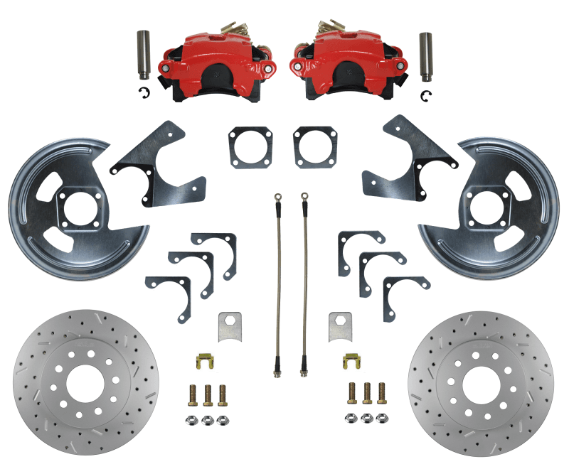 Rear Disc Brake Conversion Kit - MaxGrip XDS - Red Powder Coated Calipers - GM 10 & 12 Bolt Axles 5 x4.75 non Staggered Shocks