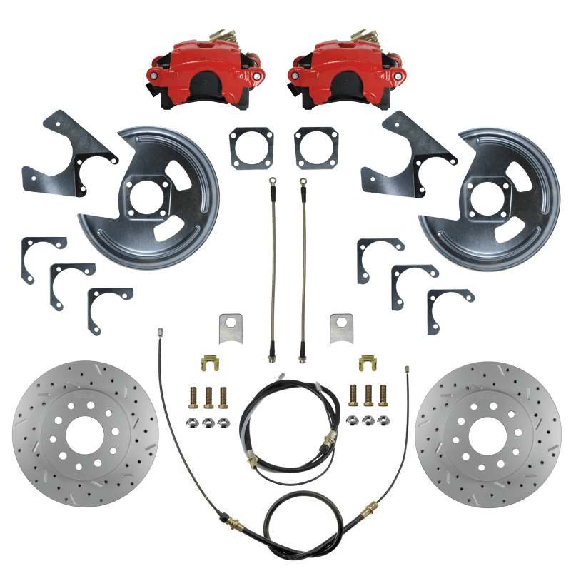 Rear Disc Brake Conversion Kit - MaxGrip XDS - Red Powder Coated Calipers - GM 10 & 12 Bolt Axles 5 x4.75 with Staggered Shocks