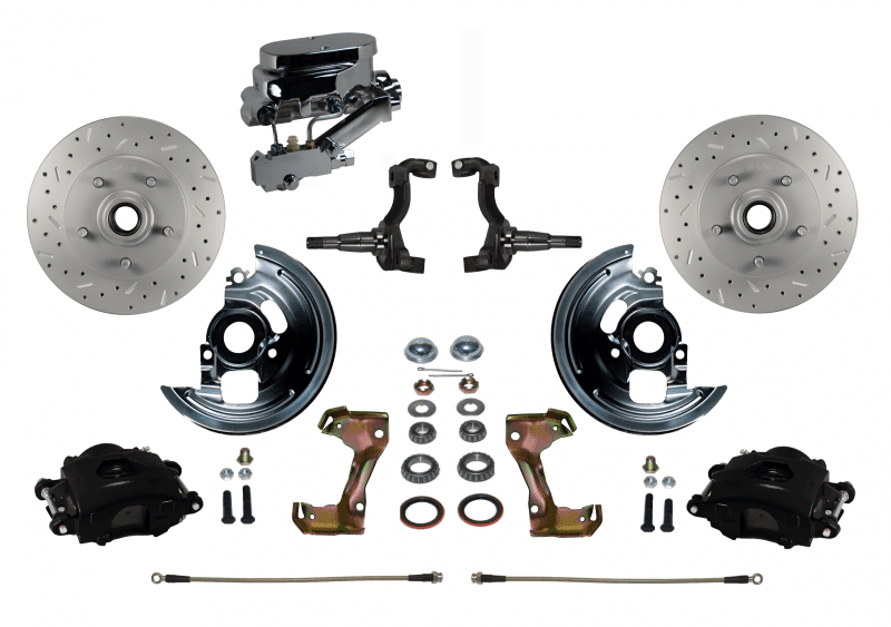 1962-67 Chevy Nova or Chevy II Manual Front Disc Brake Kit with MaxGrip XDS Rotors, Black Calipers, and Chrome Aluminum Master Cylinder, Disc/Drum