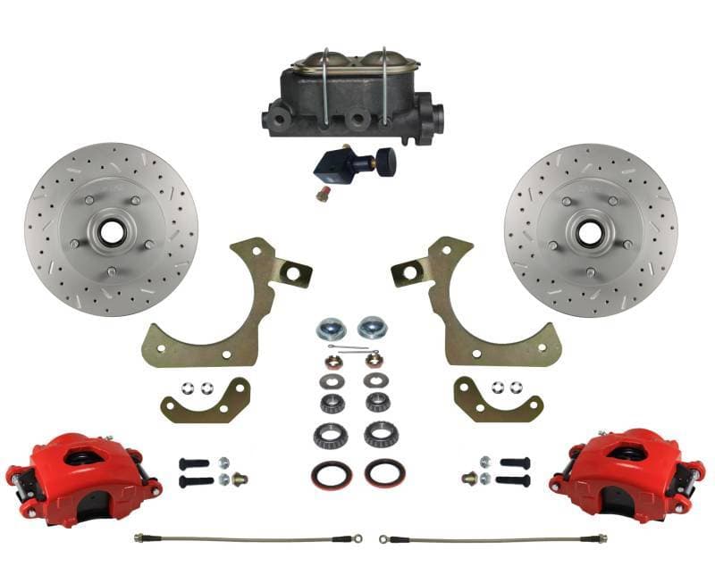 Manual Front Disc Brake Conversion Kit with Adjustable Proportioning Valve, MaxGrip XDS Rotors, and Red Calipers for 1955-58 Chevy