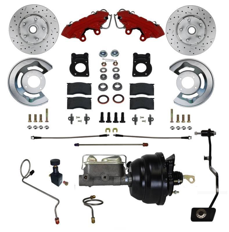 Power Front Brake Kit with Drilled Rotors and Red Calipers for 1970 Mustang or Cougar with Manual Transmission