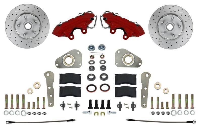 Front Spindle Kit with Drilled Rotors and Red Powder Coated Calipers for 1957-68 Full-Size Ford